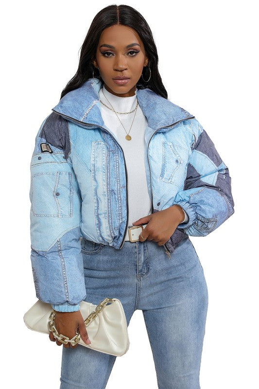 BY CLAUDE DENIM PRINT CROPPED PUFFER JACKET