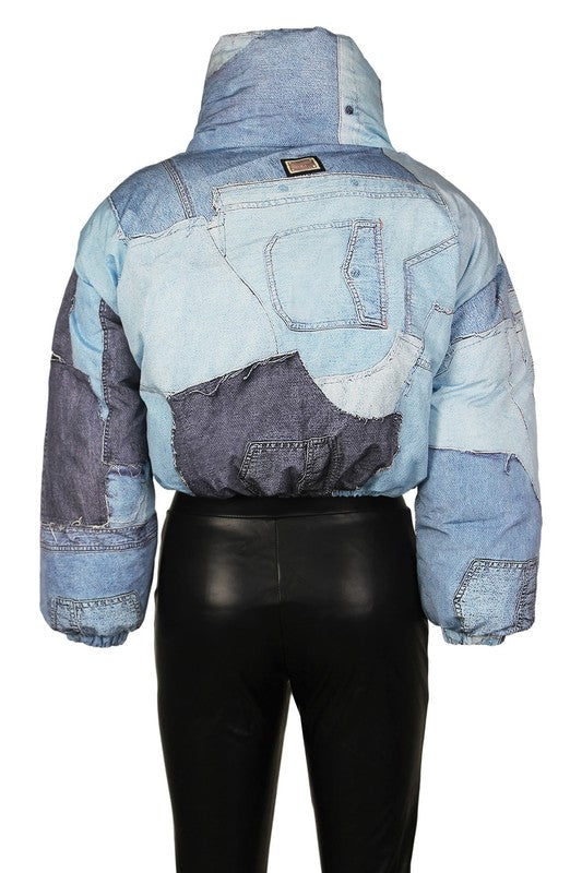 BY CLAUDE DENIM PRINT CROPPED PUFFER JACKET