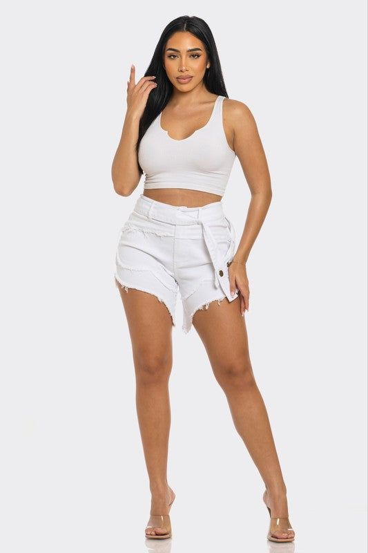 Athina Casual Summer Strap Shorts in Denim or White