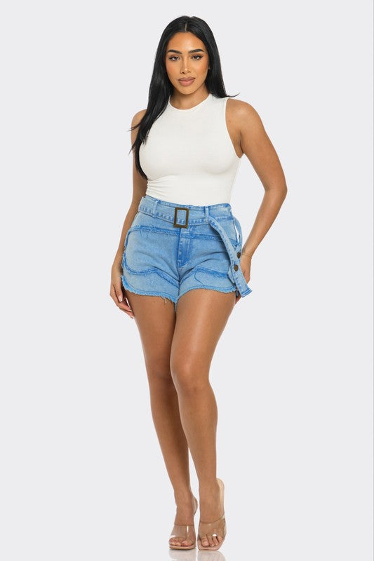 Athina Casual Summer Strap Shorts in Denim or White