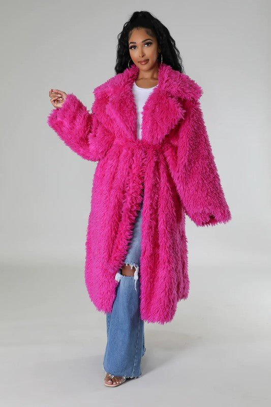 ATHINA Belted Open Front Fuzzy Faux Fur Teddy Coat Jacket with Pockets in Brown or Pink