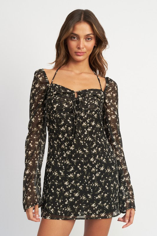 EMORY PARK FLORAL LONG SLEEVE DRESS WITH HALTER DETAIL