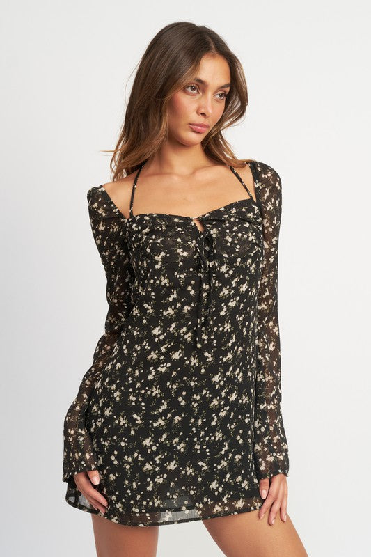 EMORY PARK FLORAL LONG SLEEVE DRESS WITH HALTER DETAIL