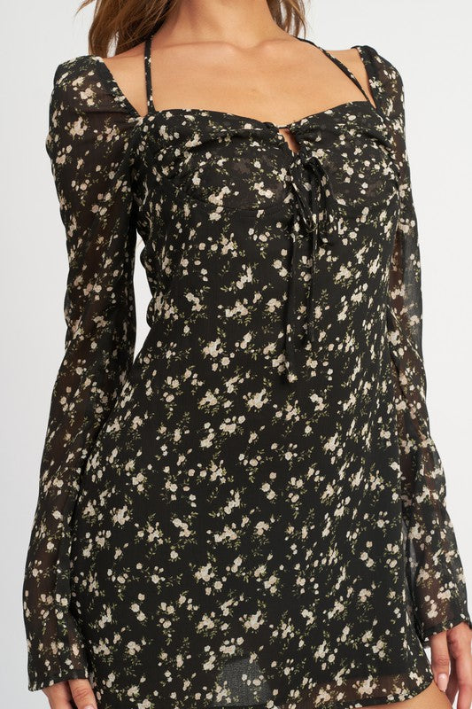 EMORY PARK FLORAL LONG SLEEVE DRESS WITH HALTER DETAIL