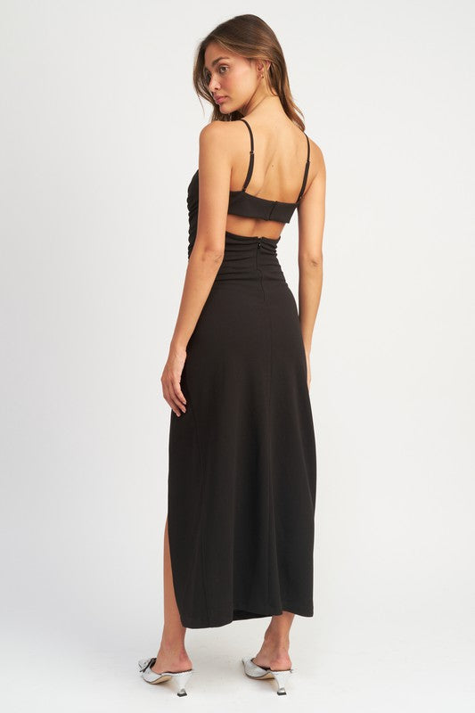 EMORY PARK SIDE RUCHED MIDI DRESS WITH SPAGHETTI STRAPS