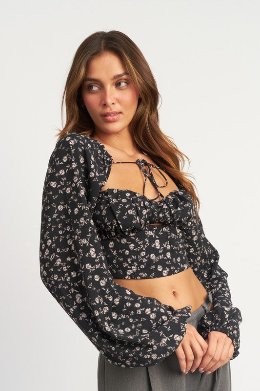 EMORY PARK TIE FRONT FLORAL CROP BLOUSE