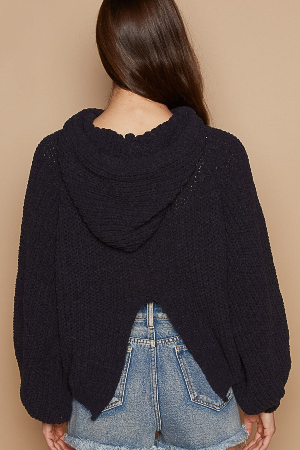 POL Hooded Open Back Slit Balloon Sleeve Cropped Sweater in Indigo NWT