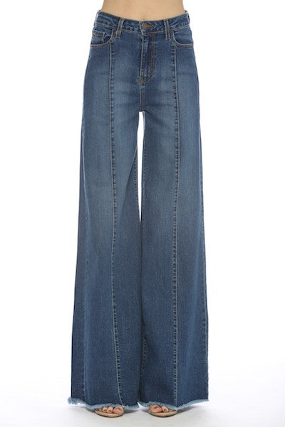 O2 Denim High Rise Front Seam Raw Hem Wide Leg Jeans in 8 Colors