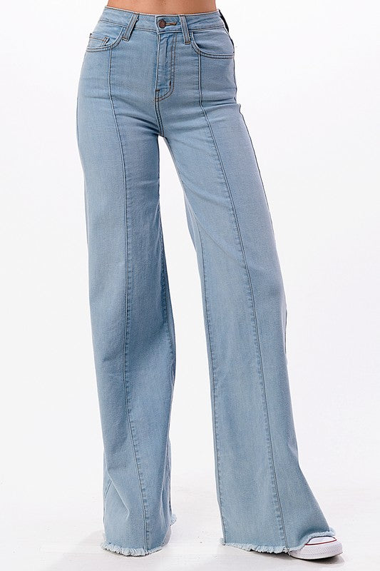 O2 Denim High Rise Front Seam Raw Hem Wide Leg Jeans in 8 Colors