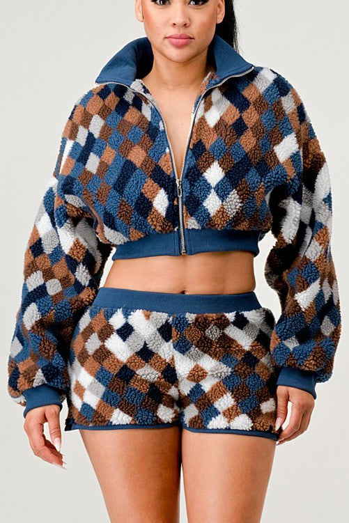 ATHINA Two-Piece Checkered Faux Fur Crop Jacket & Shorts Set