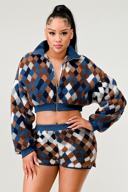 ATHINA Two-Piece Checkered Faux Fur Crop Jacket & Shorts Set