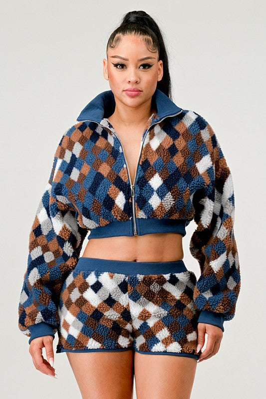 ATHINA Two-Piece Checkered Faux Fur Crop Jacket & Shorts Set