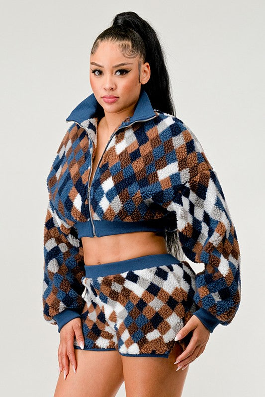 ATHINA Two-Piece Checkered Faux Fur Crop Jacket & Shorts Set