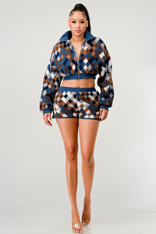 ATHINA Two-Piece Checkered Faux Fur Crop Jacket & Shorts Set