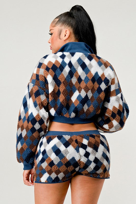 ATHINA Two-Piece Checkered Faux Fur Crop Jacket & Shorts Set