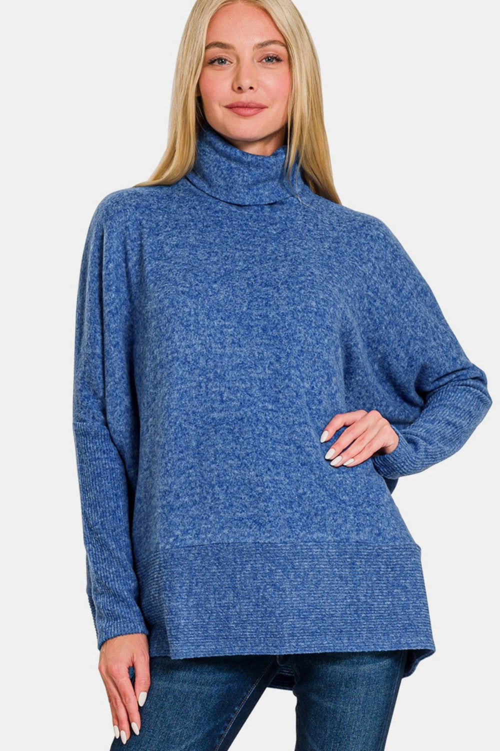 Zenana Oversized Brushed Melange Dolman Sleeve Tunic Turtleneck Sweater in Light Navy Blue NWT