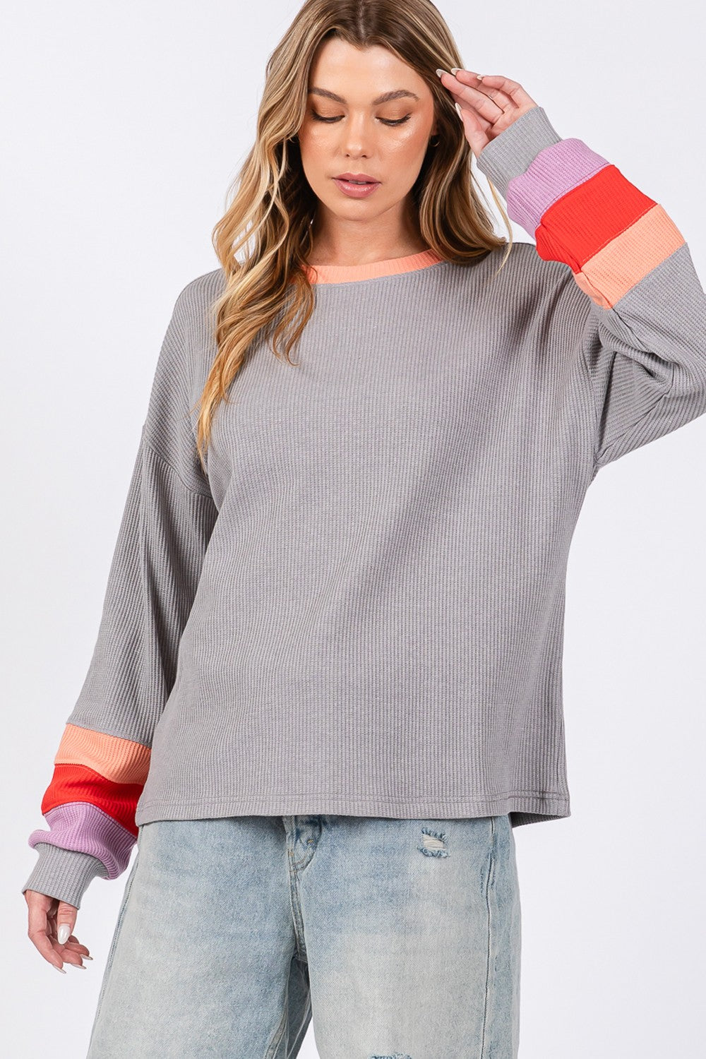 SAGE + FIG Color Block Long Sleeve Waffle-Knit T-Shirt in Gray Multi NWT