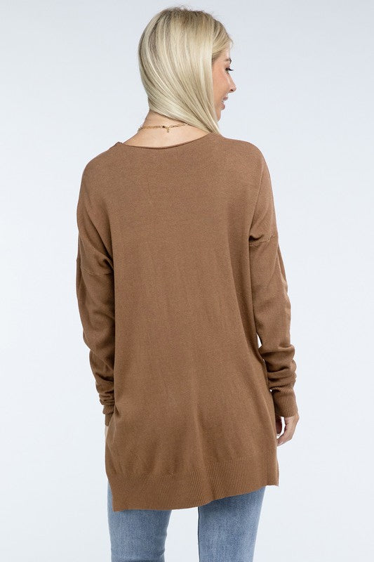 Zenana Front Seam Side Slit V-Neck Tunic Sweater in 5 Colors