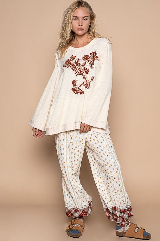 POL Embroidered Long Sleeve Round Neck Knit Top in Cream Multi NWT