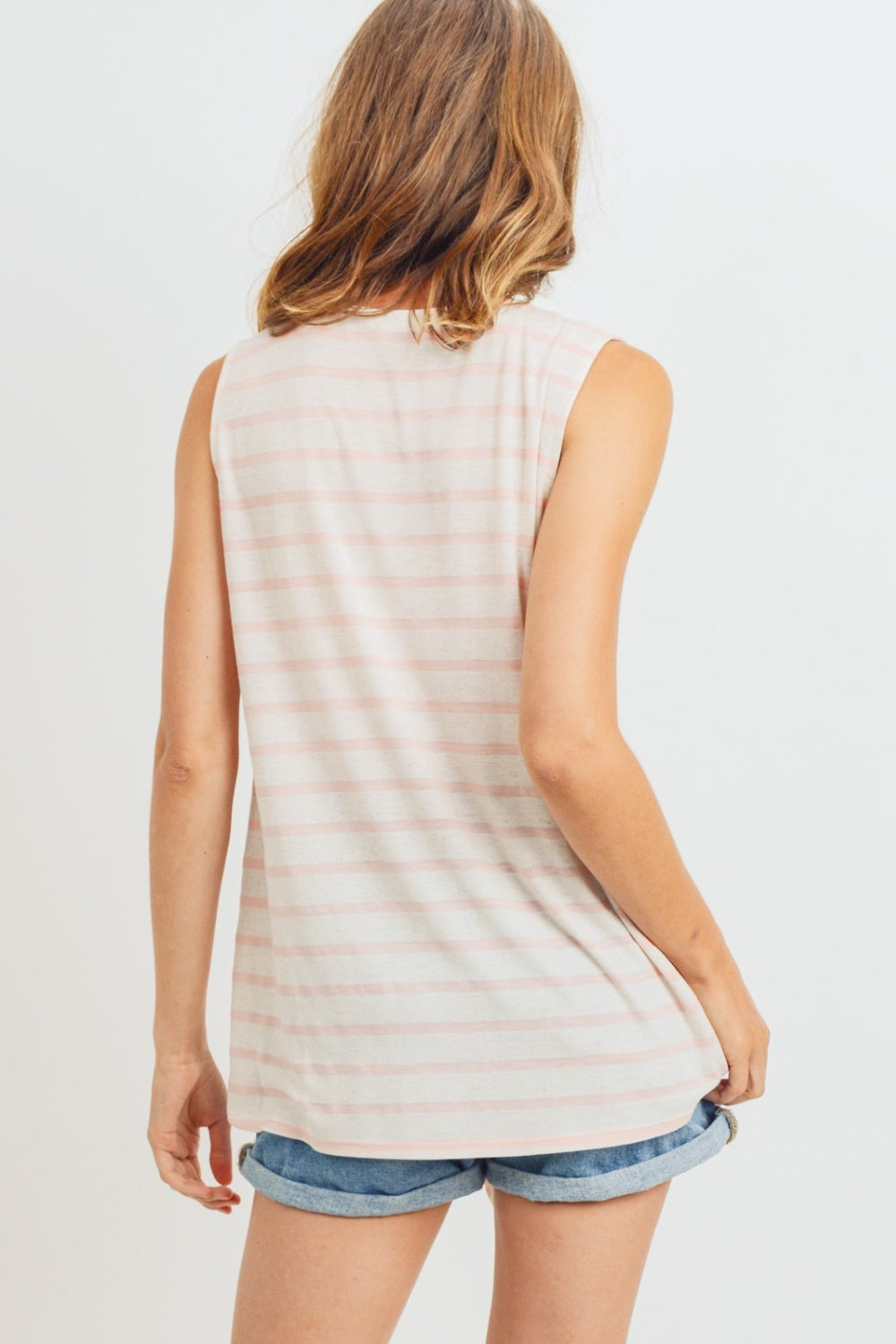 Cotton Bleu Striped Tie Hem V-Neck Tank Top