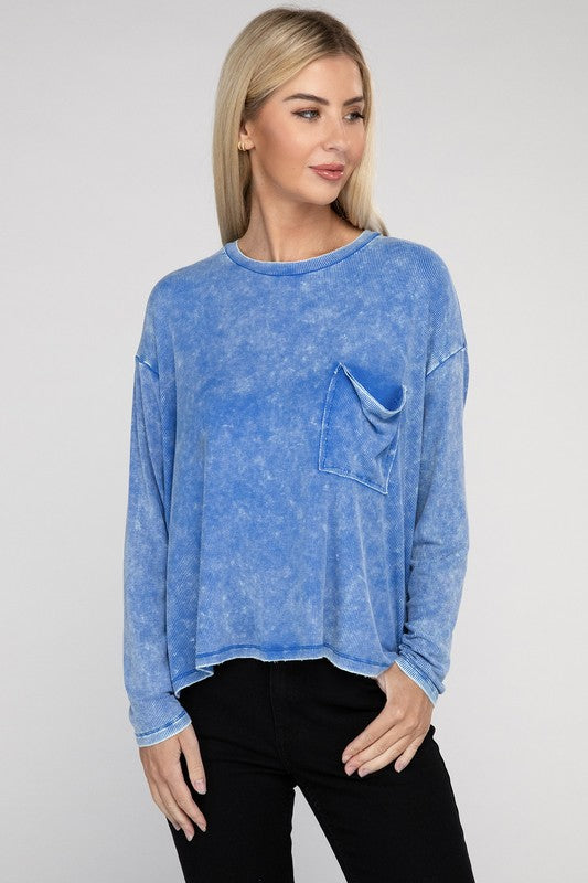 Zenana Color Washed Chest Pocket Long Sleeve T-Shirt in 3 Colors