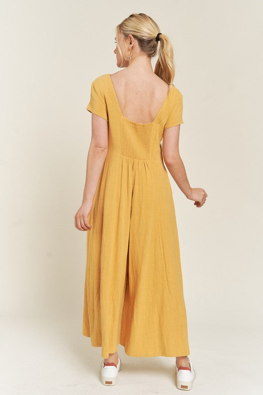 Jade by Jane Linen Button-Down Wide Leg Jumpsuit in Navy and Mustard