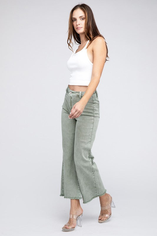 Zenana Acid Wash Cotton Cropped Raw Hem Jeans in 5 Colors