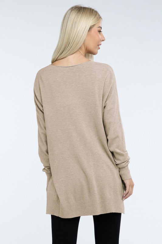 Zenana Front Seam Side Slit V-Neck Tunic Sweater in 5 Colors