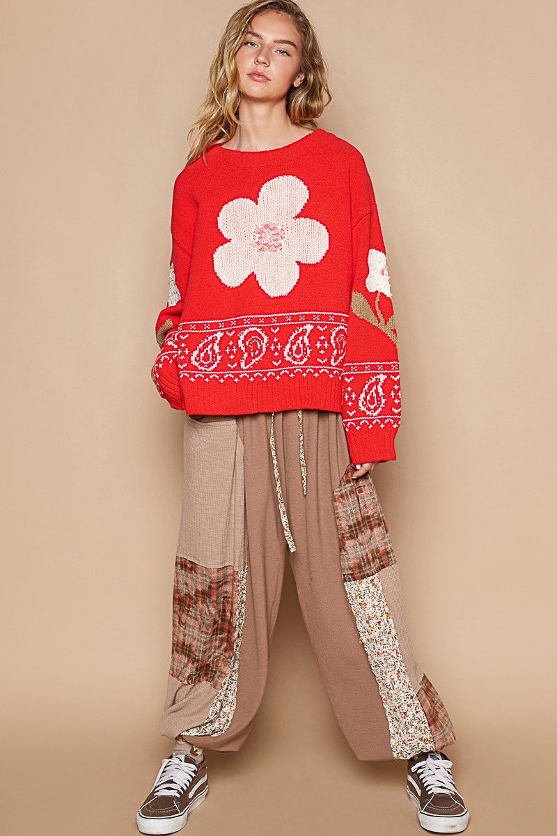 POL Flower Lace Patch Long Sleeve Sweater in Red Multi