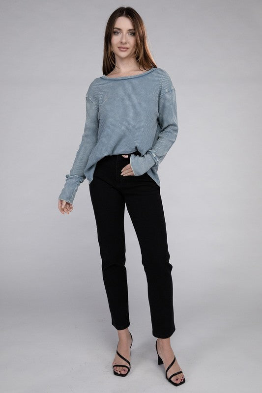 Zenana Washed Waffle-Knit Raw Hem Long Sleeve Tunic T-Shirt in 4 Colors