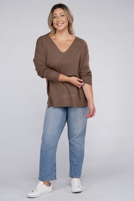 Zenana Plus Size Front Seam V-Neck Tunic Sweater