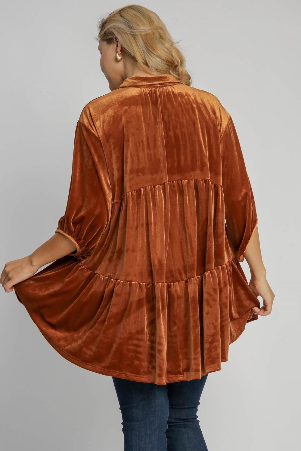 Umgee Full Size Tiered Velvet High Low Hem Tunic Button-Down Shirt in Terracotta Brown