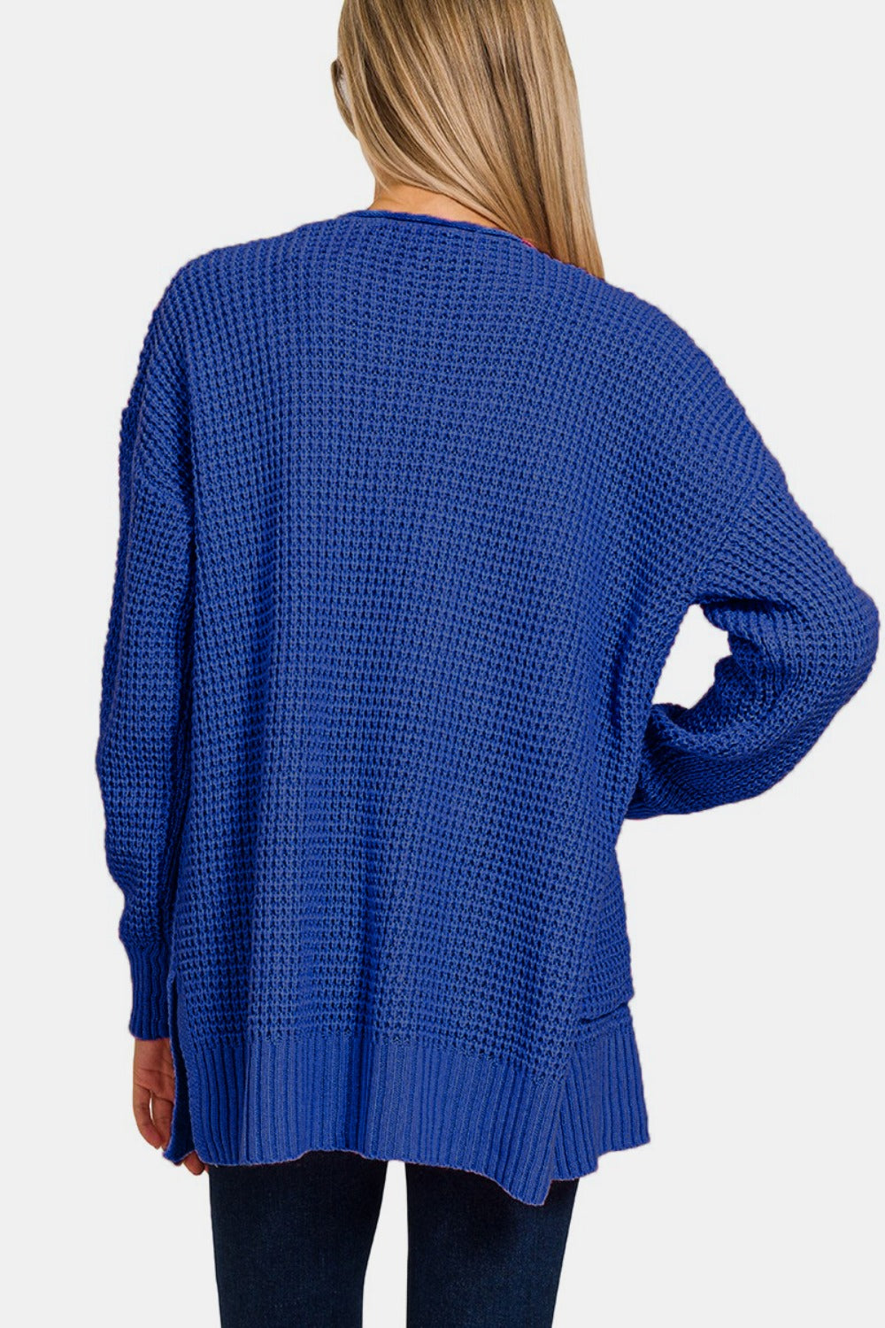 Zenana Waffle-Knit Open Front Tunic Cardigan Sweater with Pockets in Light Navy Blue