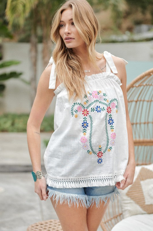 Davi & Dani Embroidered Ruffle Tank Top in 2 Colors