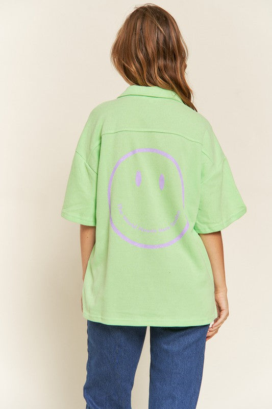 Jade By Jane Smiley Face on Back Button-Down Short Sleeve Shirt in 3 Colors