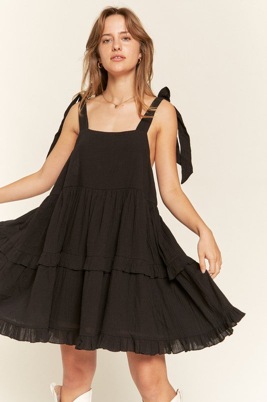 Jade by Jane Cotton Square Neck Ruffle Dress in Black