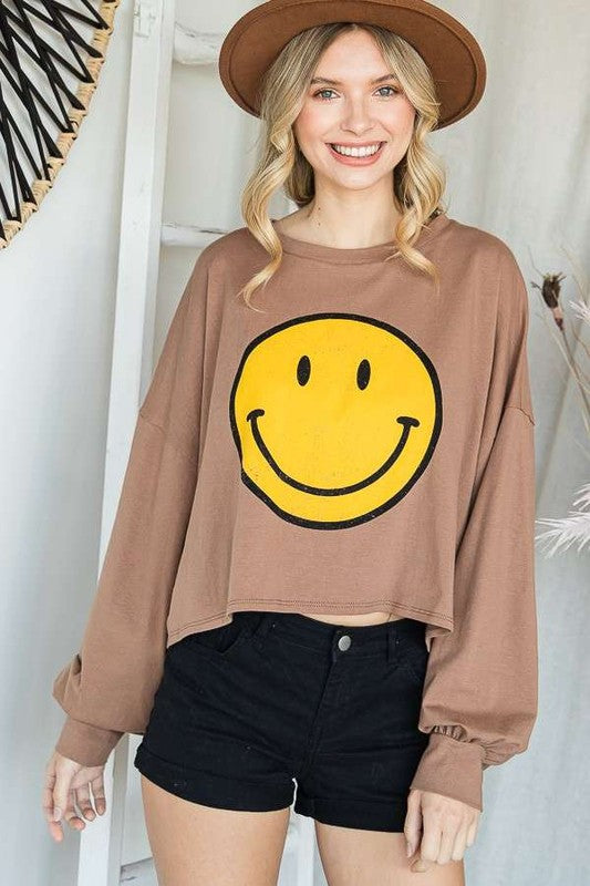 Jade by Jane Smiley Face Long Sleeve Cropped Graphic Tee in 4 Colors