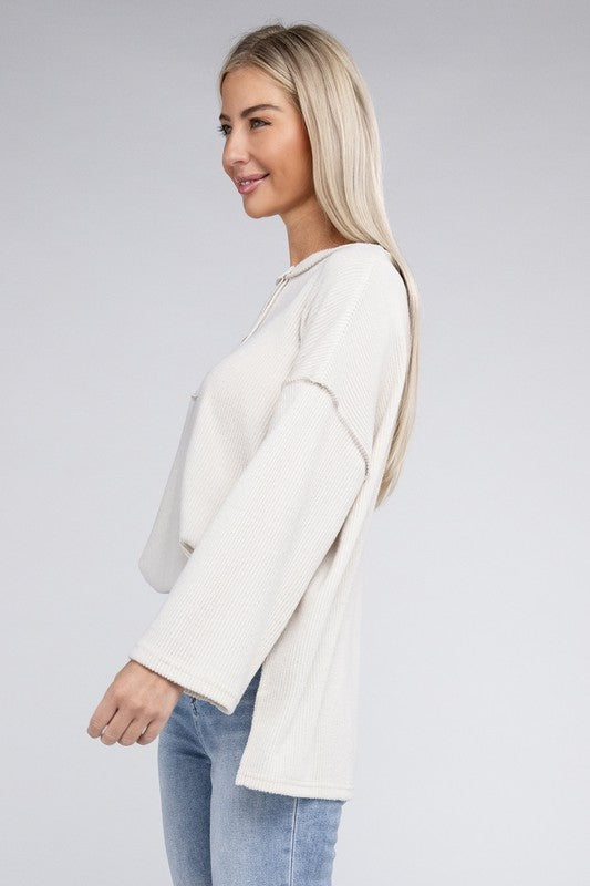 Zenana Slit Hem Bell Sleeve Ribbed Henley Sweater in 5 Colors