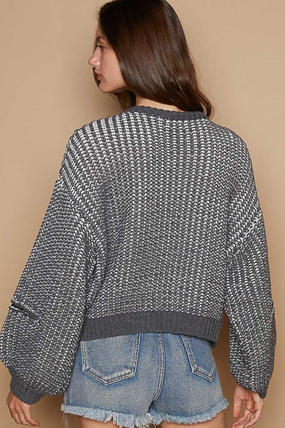 POL Heart Patch Zipper Point Balloon Sleeve Round Neck Sweater in Charcoal NWT