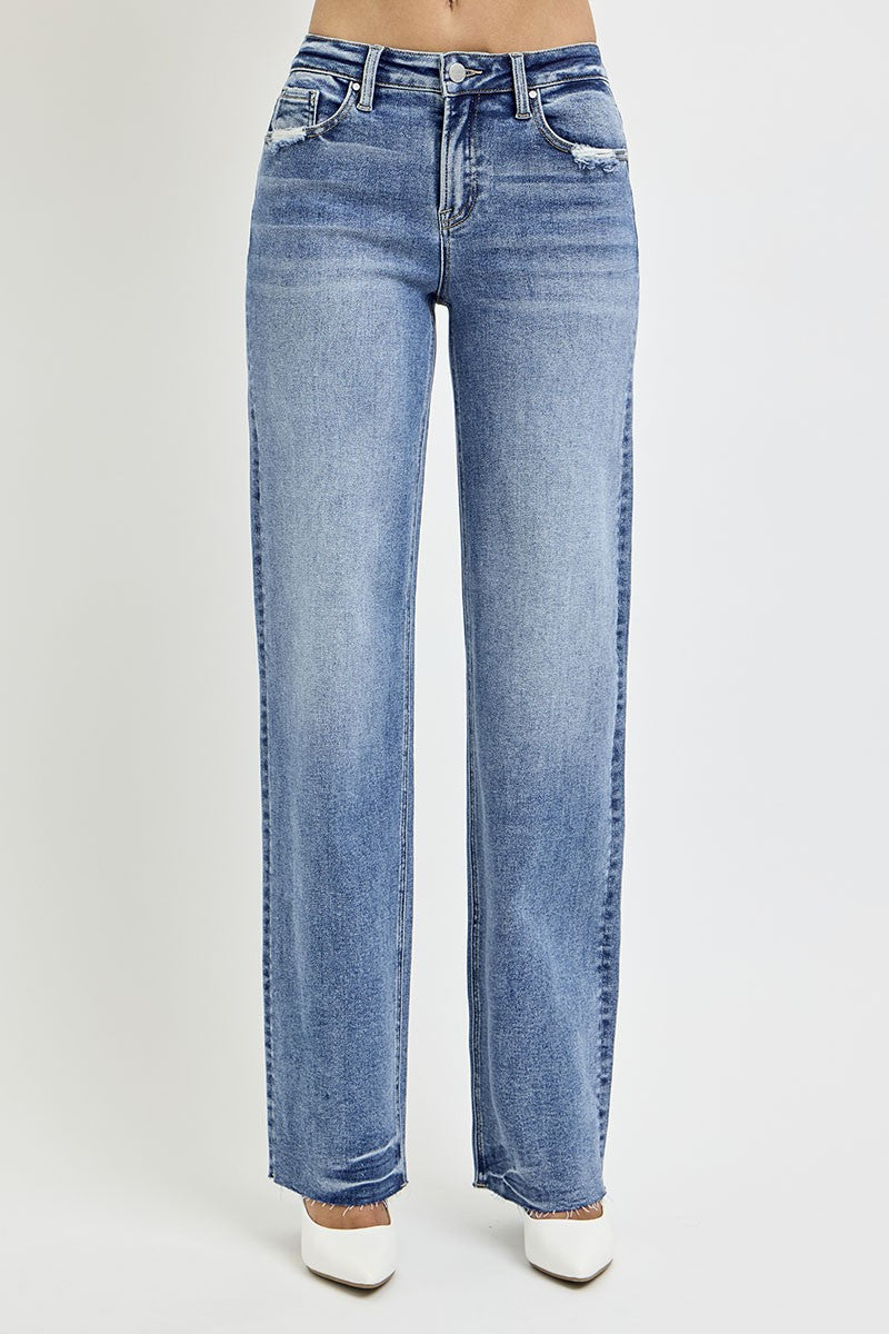 RISEN Full Size High Rise Straight Leg Jeans with Pockets in Medium Wash Blue