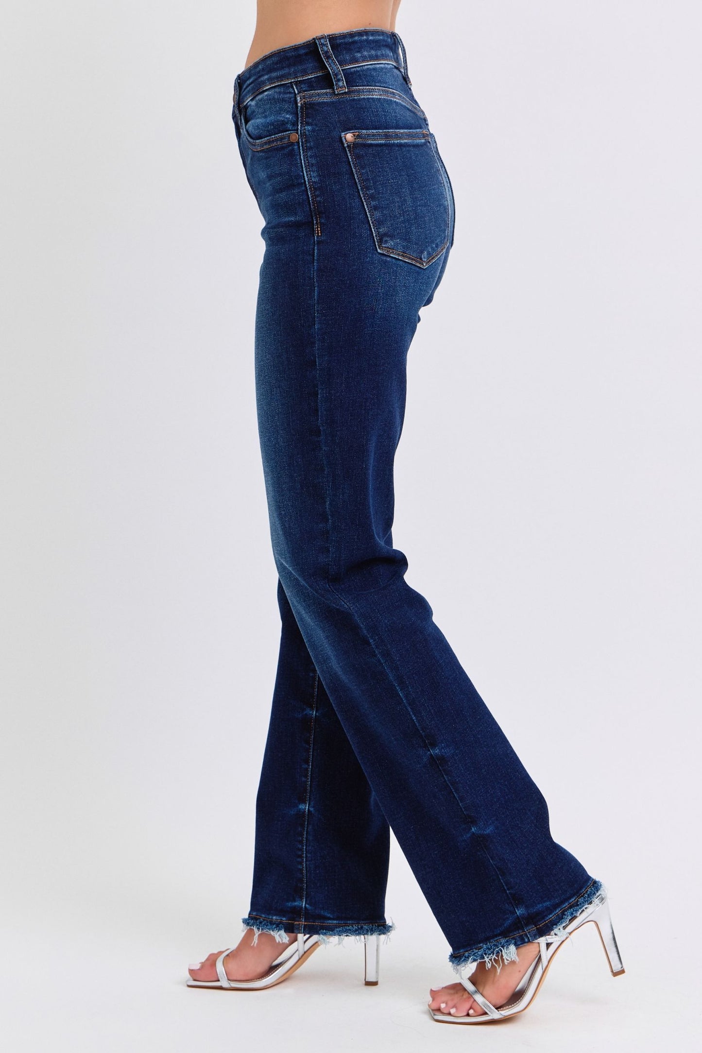 Judy Blue Full Size Raw Hem Straight Leg Jeans in Dark Wash Blue