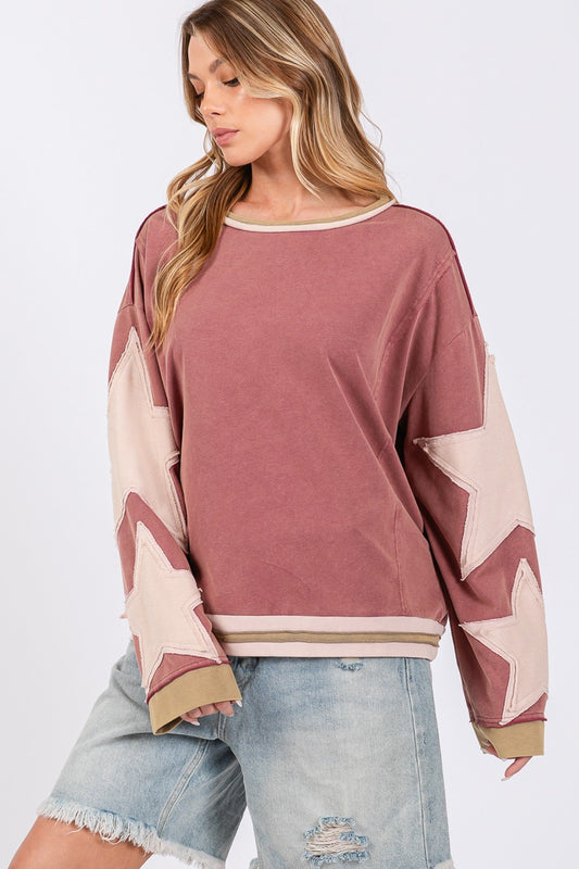 SAGE + FIG French Terry Color Washed Star Sleeve Sweatshirt in Magenta-Pink Multi NWT