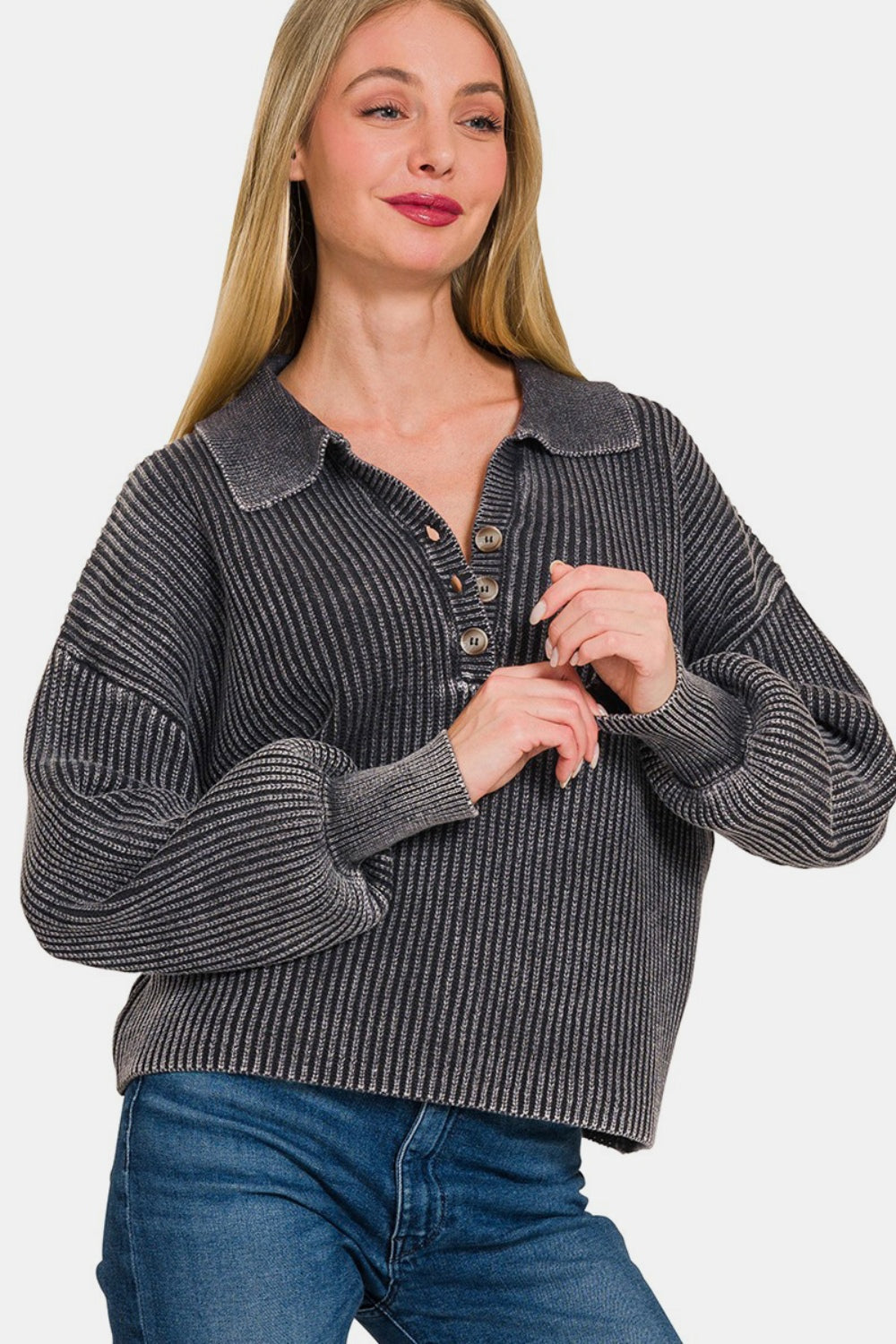 Zenana Color Wash Ribbed Half Button Collared V-Neck Sweater in Black