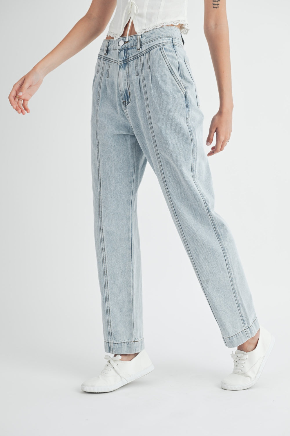 MABLE Pleated Front Straight Ankle Jeans