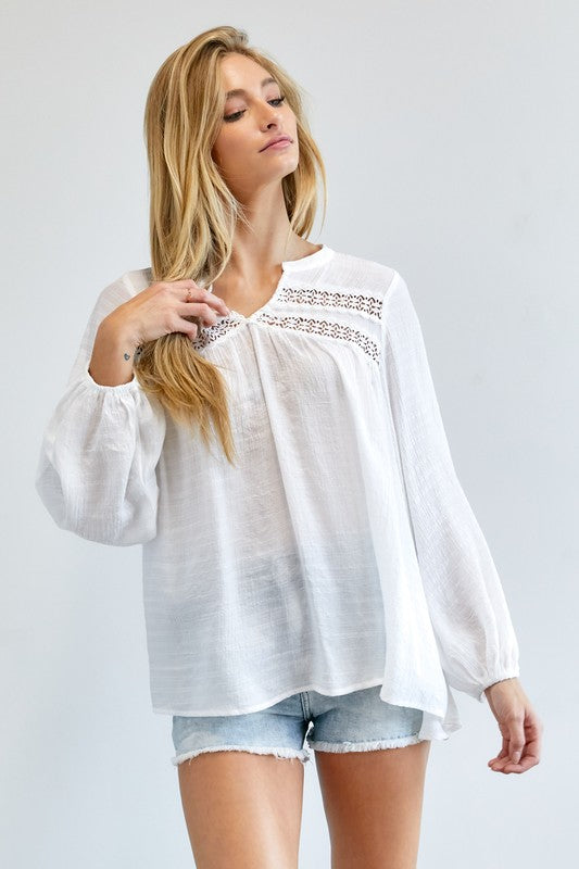 Davi & Dani Eyelet Long Sleeve V-Neck Blouse in Off White