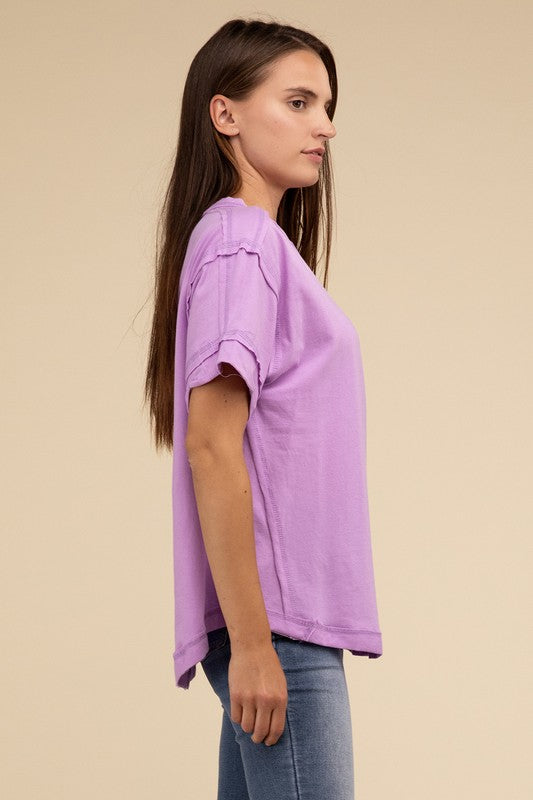 Zenana Cotton Raw Edge Short Sleeve Henley T-Shirt in 4 Colors