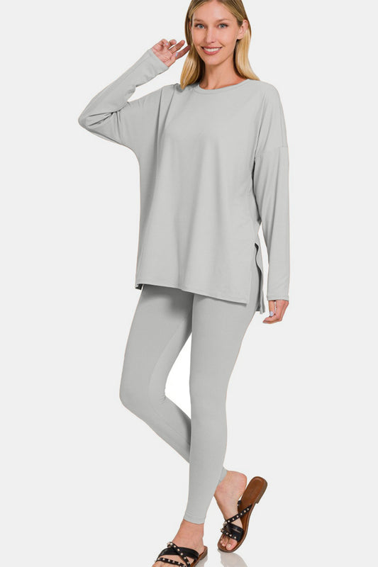 Zenana Long Sleeve Tunic T-Shirt Top & Leggings Lounge Set in Light Gray NWT