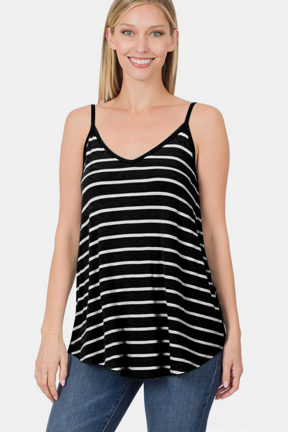 Zenana Double V-Neck Tunic Cami Tank in Black Stripe