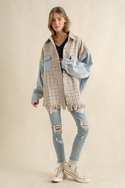 Sweet Generis Oversized Tweed and Denim Shirt Jacket with Fringed Hem