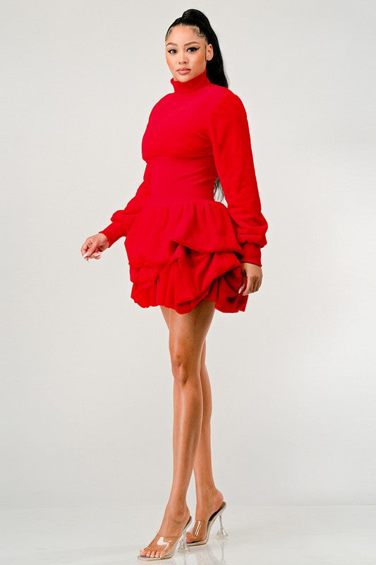 Athina Merry Go Around Ruffle Long Sleeve Dress in Red or Black